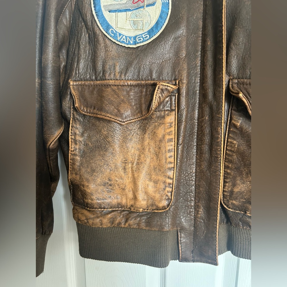 VTG Luis Alvear Aviator Lg Military Bomber Brown Leather Jacket Navy/ Air Force - Picture 3 of 15